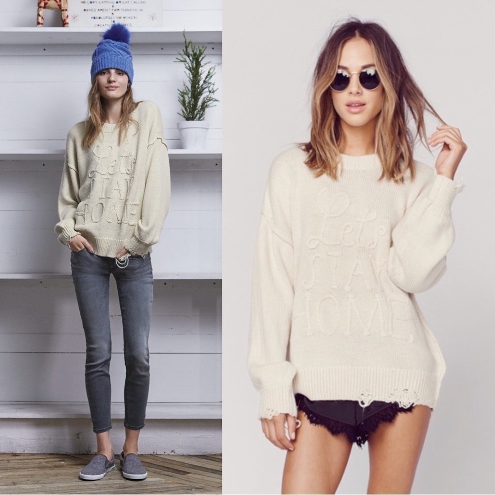 Wildfox Let’s Stay Home Distressed Sweater Pullover Beige Soft Cozy Oversized
